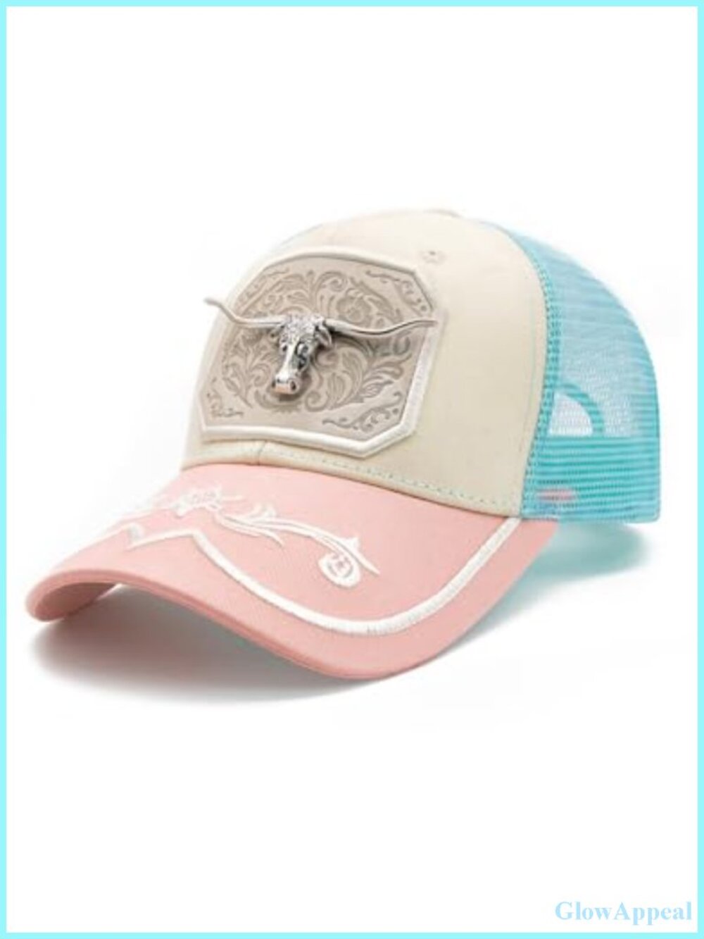 Women's Trucker Cowboy Hat with Metal Longhorn Embellishment Rodeo Country